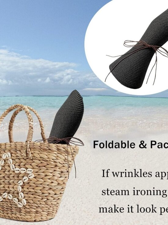 Women Foldable Summer Wide Brim Packable Hat Travel Straw Fedora Hat Black-1 main image 5